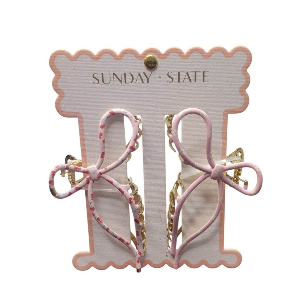Pink Cherry & Daisy Metal Bow Hair Clips